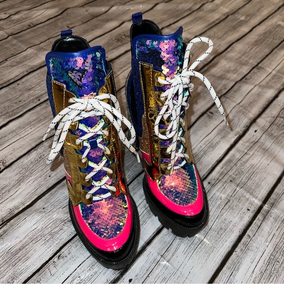 Sequin Combat Platform Heel Booties - Picture 2 of 15